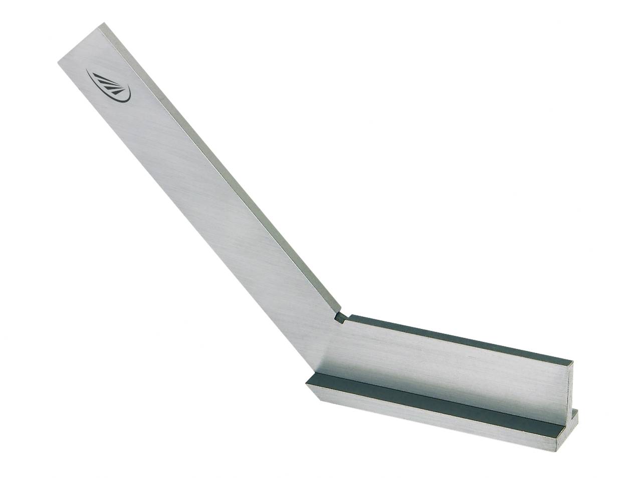 Équerre de mesure combinée en métal argenté, base rectangulaire avec un bras long et incliné, adaptée aux mesures de précision.
