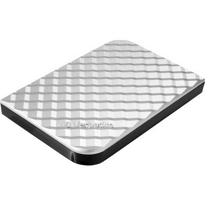 Disque dur externe à surface argentée texturée avec le logo 'Verbatim' sur l'avant. Idéal pour le stockage de données.