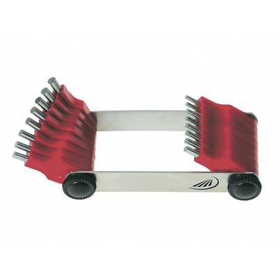 Un support à outils rouge et noir contenant plusieurs clés Allen de différentes tailles, disposées pour un accès facile.