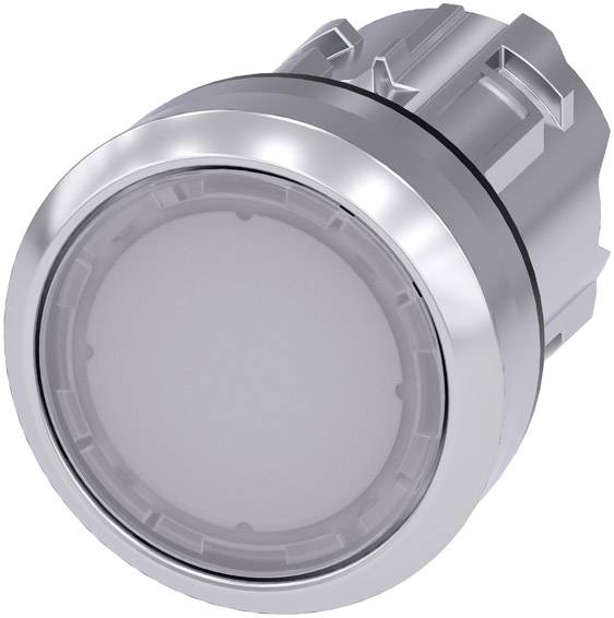 Un bouton-poussoir argenté, rond, avec un couvercle transparent. Adapté aux appareils électroniques ou aux panneaux de commande.