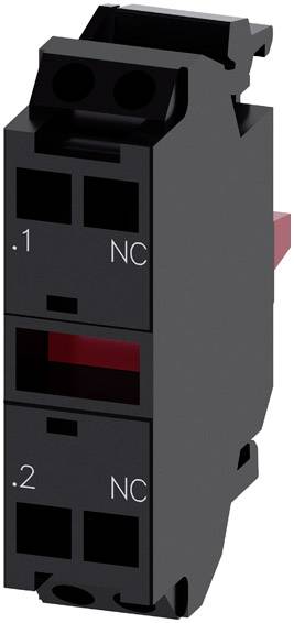 Élément de commutation électrique noir avec deux contacts NO, identifiés par '.1' et '.2', avec un insert de commutation rouge sur le côté droit.