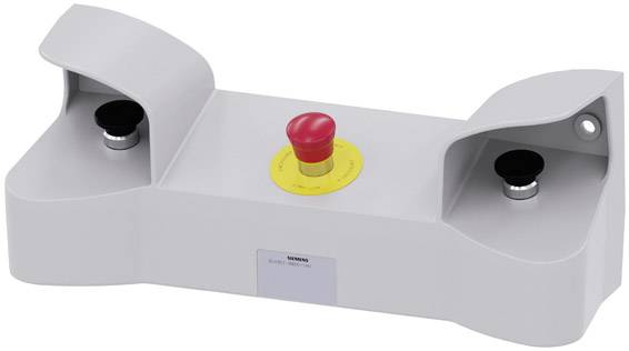 Interface de commande avec deux boutons-poussoirs noirs et un bouton d'arrêt d'urgence rouge au centre, monté sur une plaque grise.
