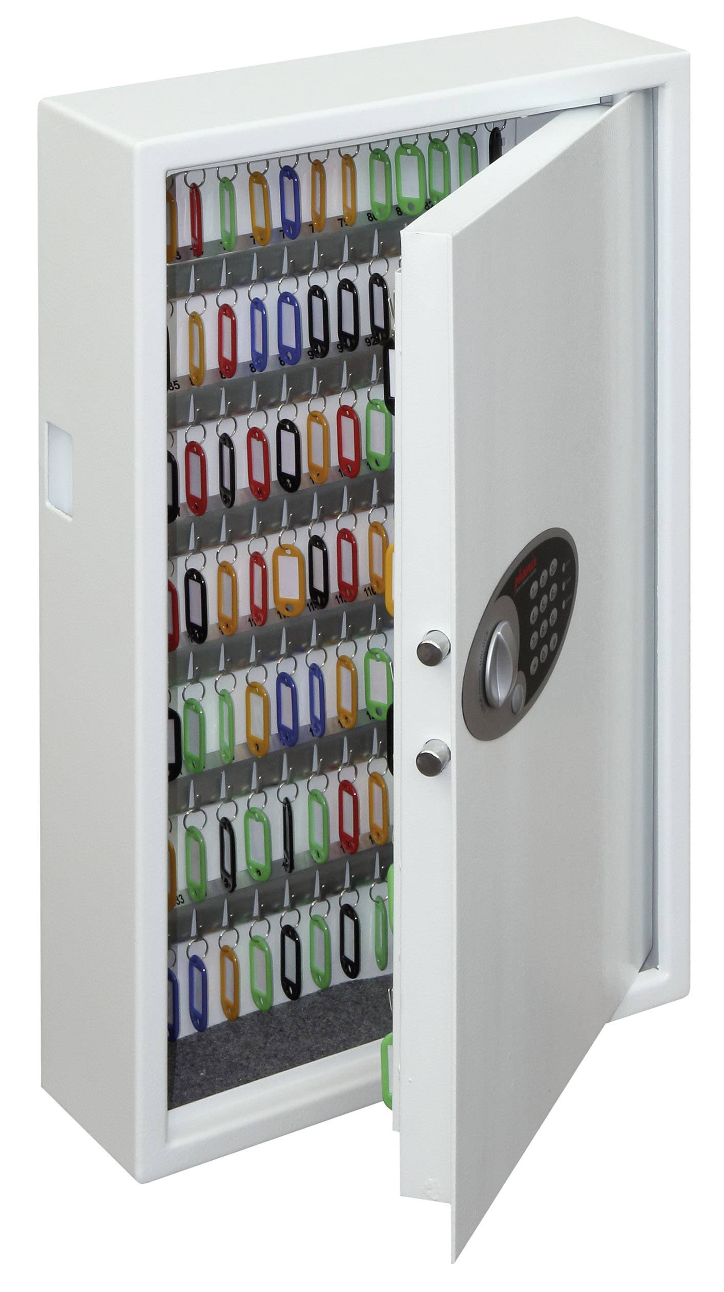 Coffret à clés blanc avec panneau de porte ouvert, présentant plusieurs rangées de porte-clés colorés, accessible via un clavier électronique.