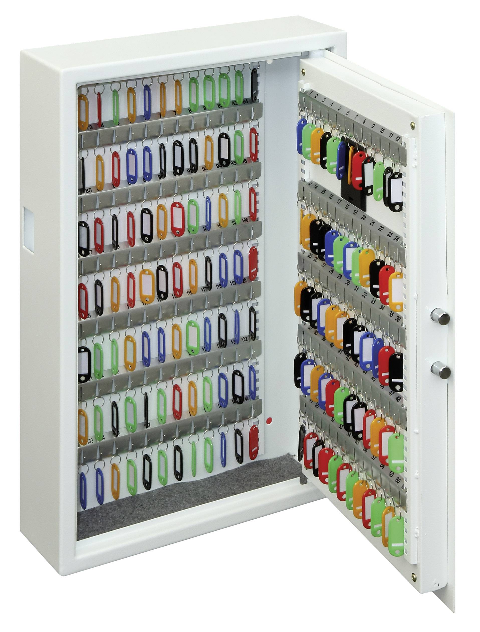 Un coffret à clés ouvert avec plusieurs rangées de porte-clés colorés. La porte est ouverte vers la droite.