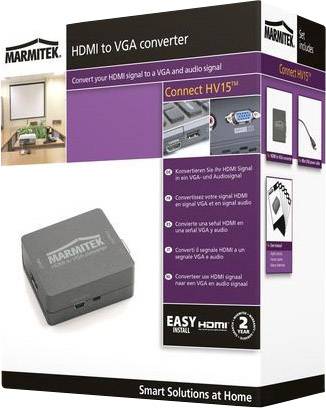 L'emballage du 'Convertisseur HDMI vers VGA' montre l'appareil et décrit sa fonction de conversion des signaux HDMI en signaux VGA et audio.