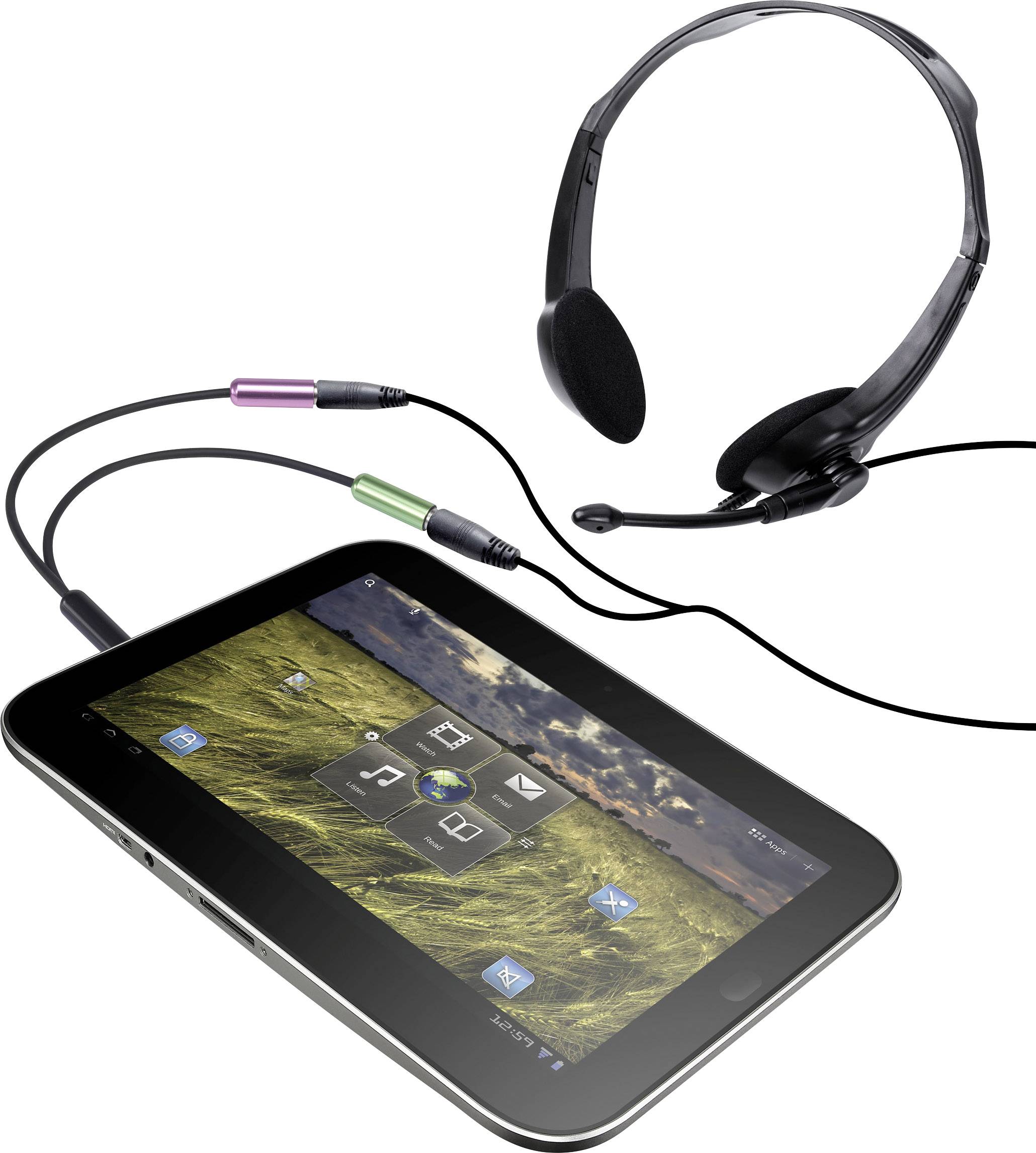 Une tablette affiche un paysage avec plusieurs icônes d'applications à l'écran. Un casque est connecté à la tablette.