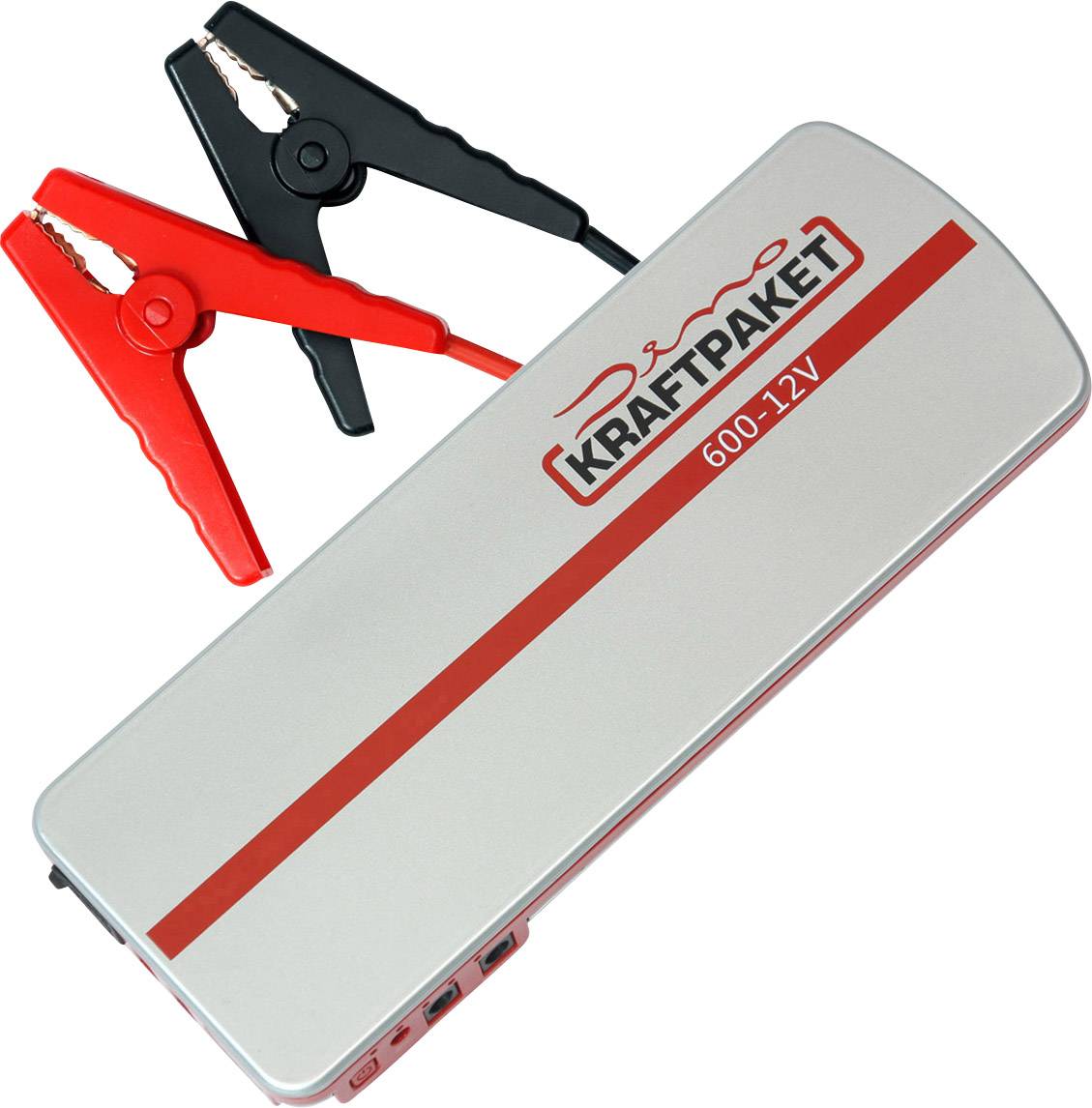 Dispositif de démarrage avec pinces rouges et noires. Inscription 'Kraftpaket 600.12V'.