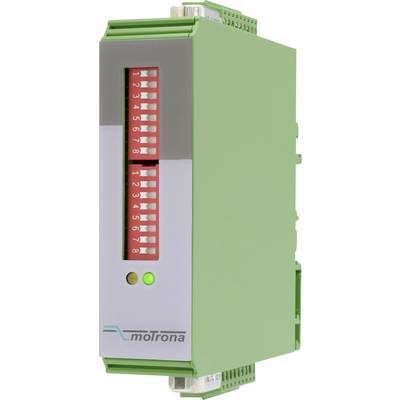Un appareil électronique vert avec des interrupteurs rouges, un voyant lumineux vert et l'inscription 'moTrona'.