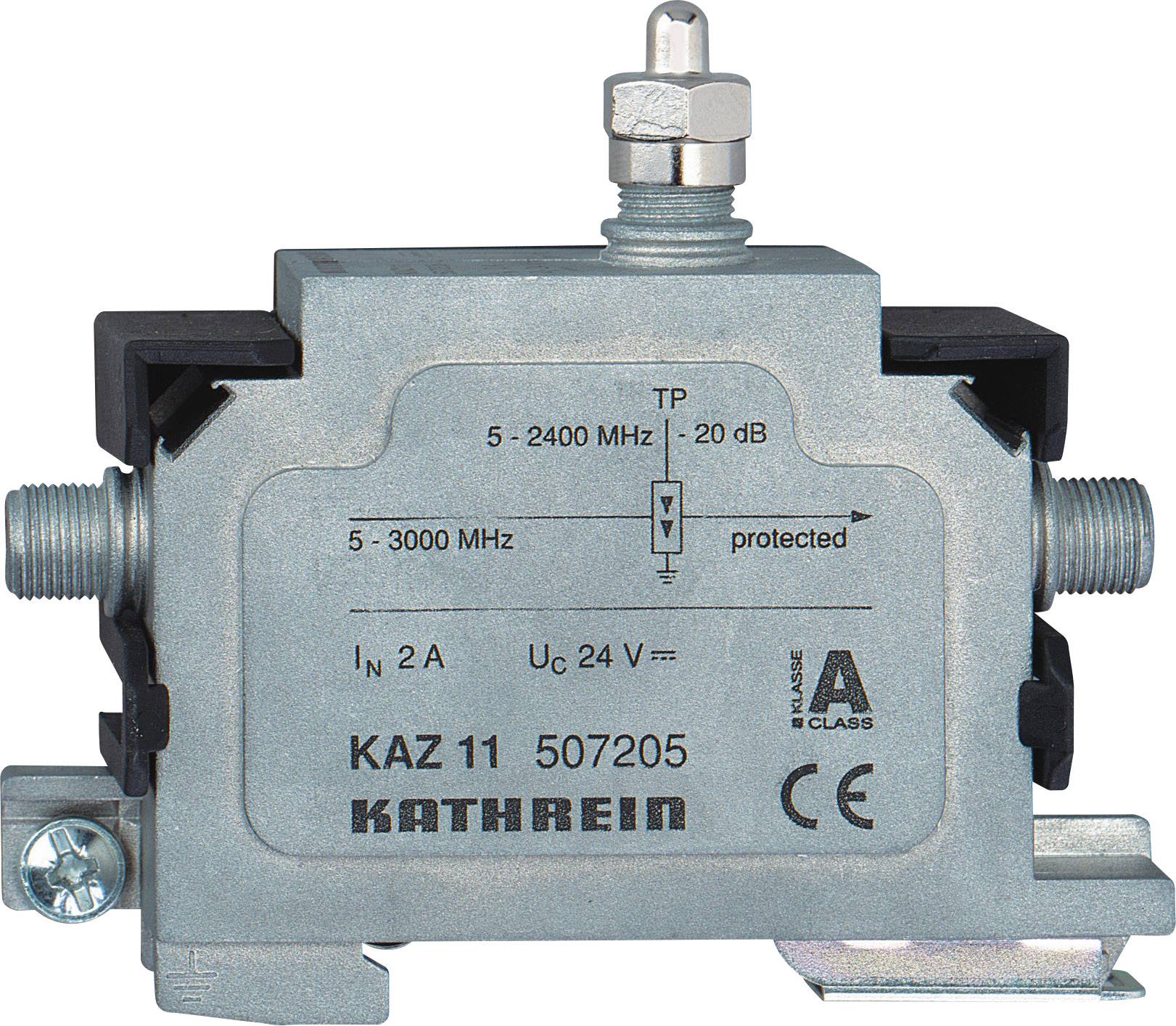 Un composant métallique portant l'inscription 'KATHREIN'. Il possède des connexions des deux côtés et ses spécifications techniques sont visibles.
