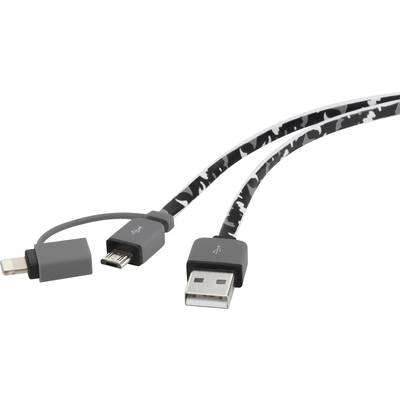 Trois câbles de charge et de données : USB vers Lightning, USB vers Micro-USB, et USB vers USB-C, tous avec un motif de camouflage noir et blanc.