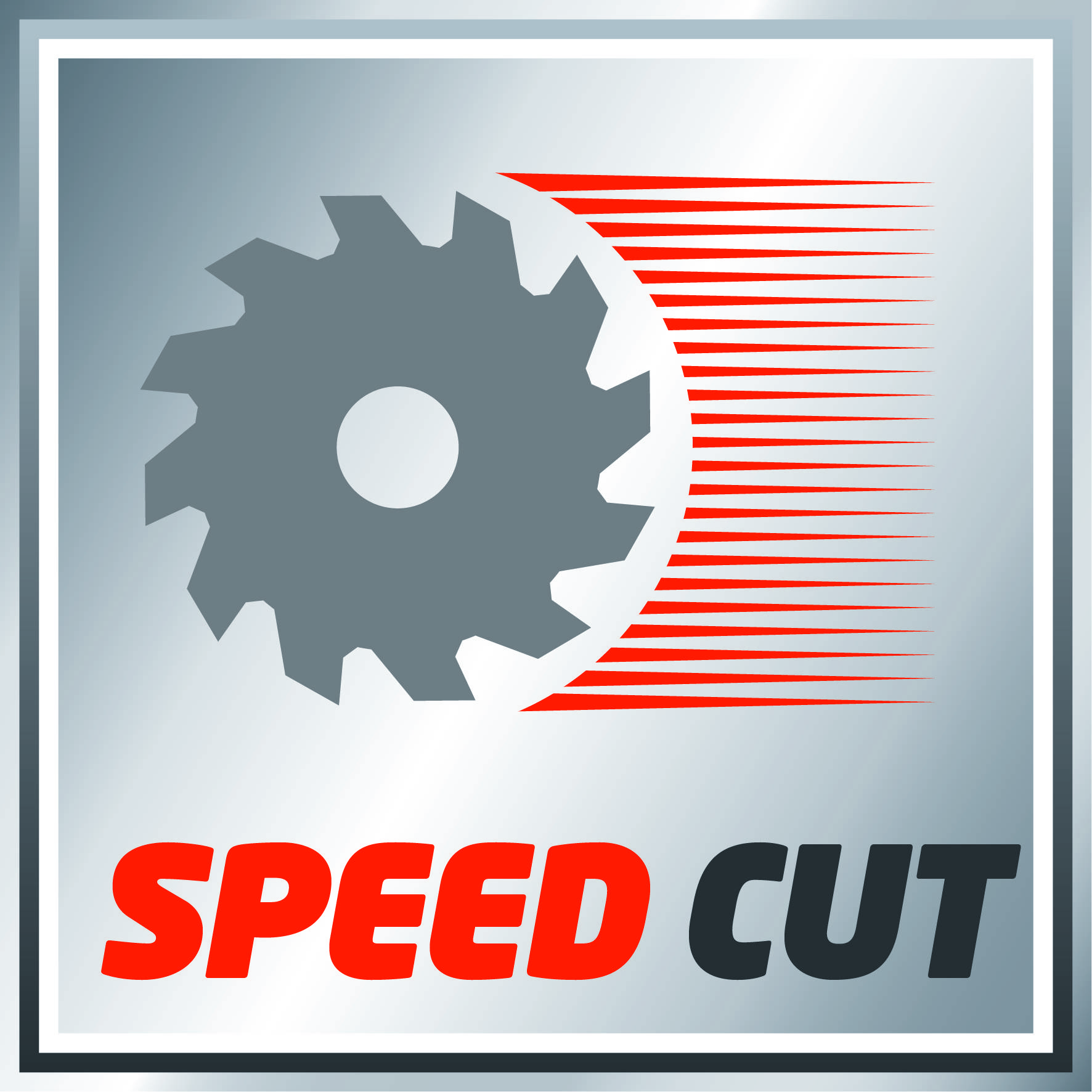 Symbole d'engrenage avec des lignes rouges indiquant la vitesse. En dessous, 'SPEED CUT' en écritures rouge et grise sur un fond métallique.