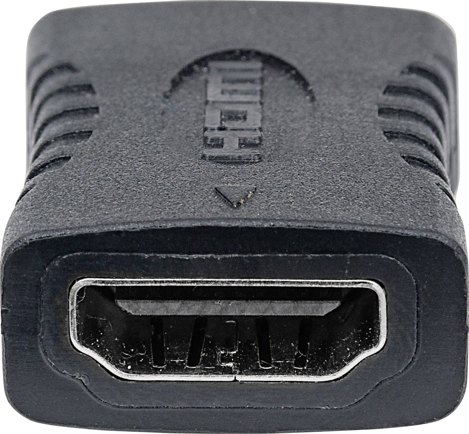 Adaptateur HDMI noir à connecteur femelle. Adapté pour connecter des câbles HDMI pour la transmission audio et vidéo.