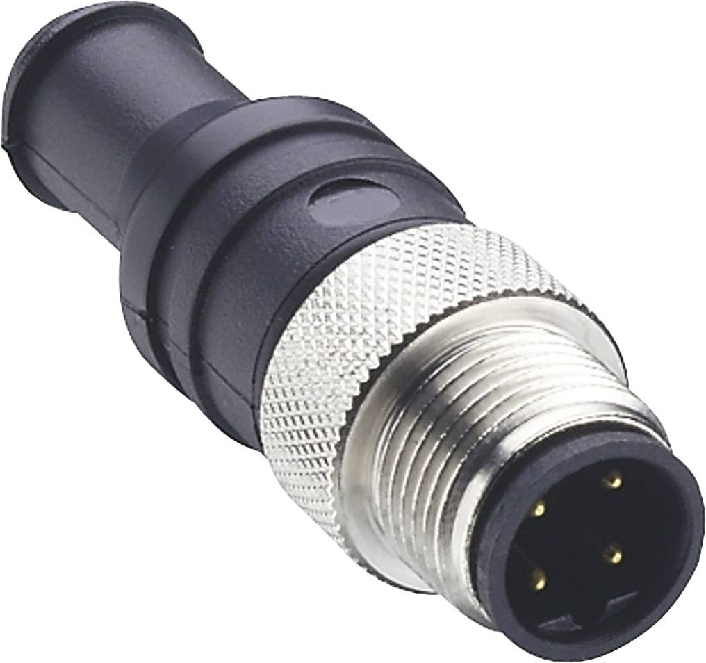 Connecteur M12 noir avec filetage métallique et quatre contacts pour le raccordement d'appareils électroniques.