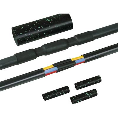 Connecteur thermorétractable avec repères de couleur pour relier les extrémités de câbles. Illustre une application typique de protection et de jonction de câbles.