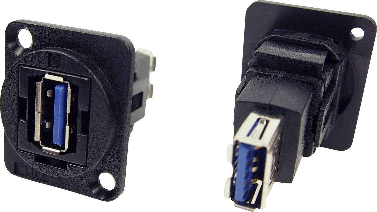 Deux ports USB 3.0 coudés, chacun dans un support noir, montrent la face intérieure bleue des ports. Adaptés aux connexions de données.