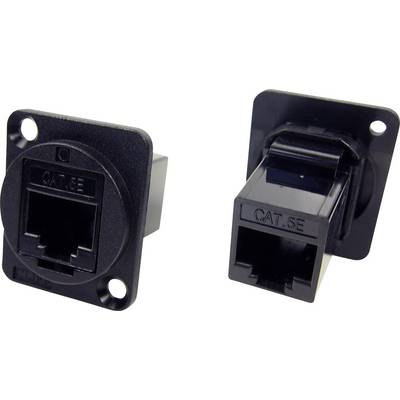 Prises LAN Cat.5E, une ronde et une rectangulaire, toutes deux noires, pour connexions Ethernet.