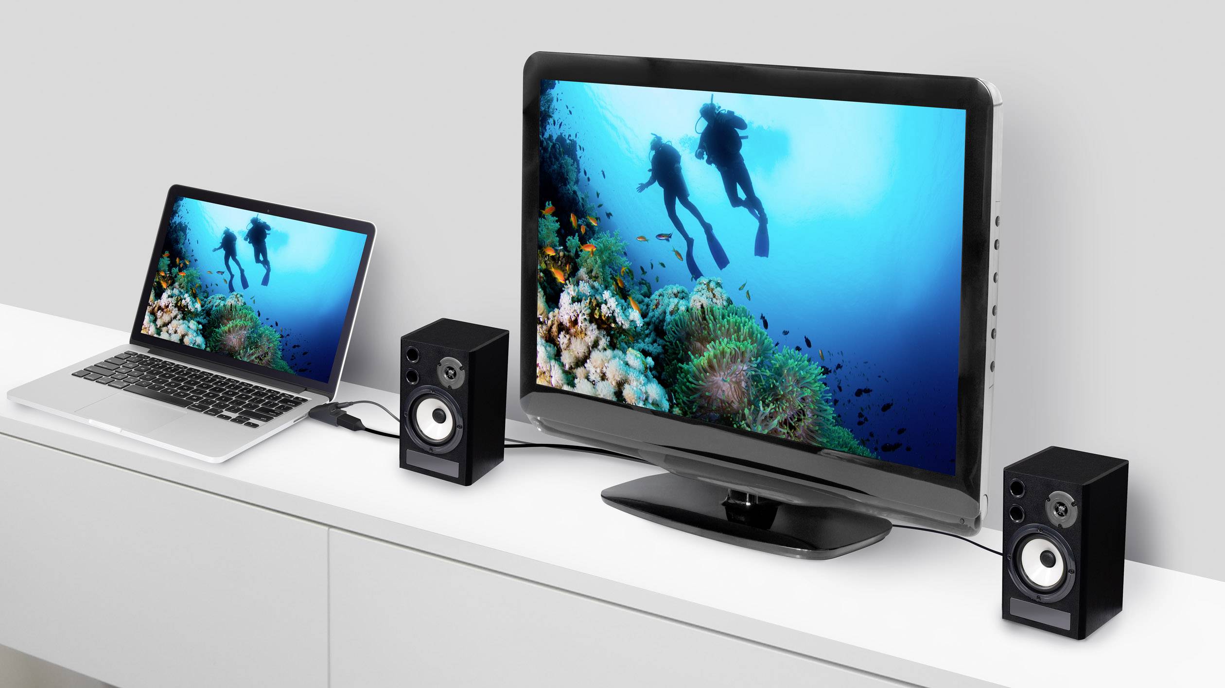 Un ordinateur portable et un téléviseur affichent tous deux la même image de plongeurs au-dessus d'un récif corallien. Deux enceintes sont branchées.