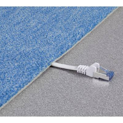 Un câble Ethernet dépasse d'un tapis bleu, posé sur un sol gris. Illustre la gestion des câbles ou le risque de trébuchement.