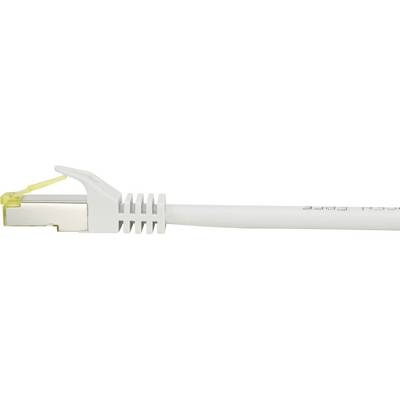 Un câble Ethernet blanc avec une prise jaune dépasse vers la droite. Il est couramment utilisé pour les connexions réseau.