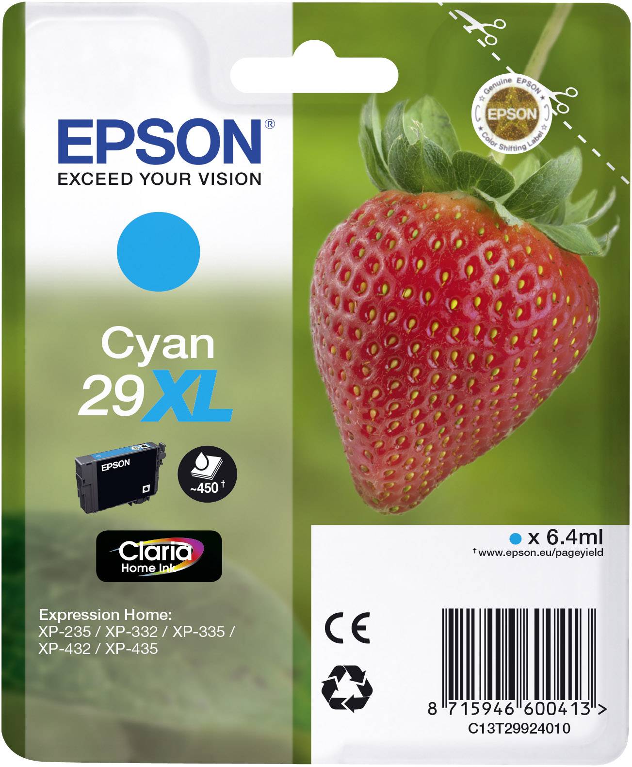 Epson Strawberry 29XL C, Rendement élevé (XL), Cyan, 6,4 ml, 1 pièce(s), 450 pages-0