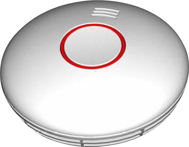 Un détecteur de fumée rond avec un contour rouge central sur un fond blanc.