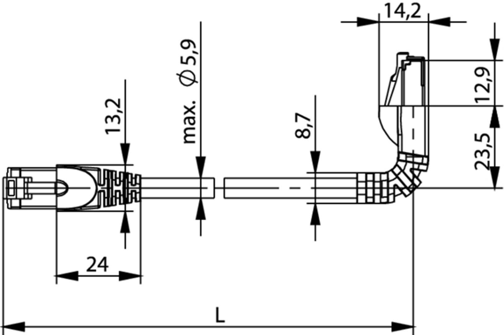 Dessin technique d'un câble avec des dimensions détaillées. Longueurs principales : 13,2 mm, 24 mm, 8,7 mm. Remarque : diamètre maximal 5,9 mm.