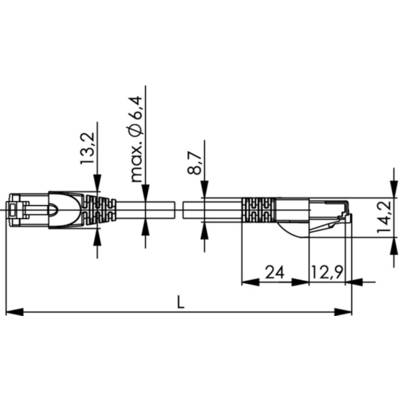 Dessin technique d'un connecteur avec dimensions en millimètres : 13,2, 6,4 diamètre, 8,7, 24, 12,9, 14,2, longueur L.