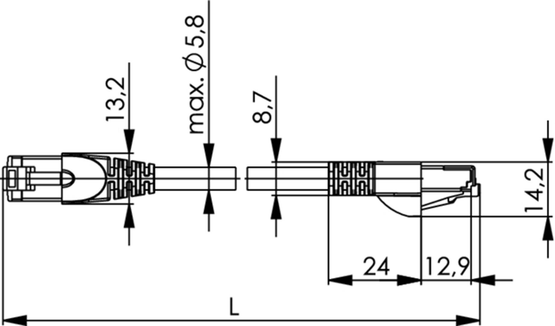 Dessin technique d'une prise avec différentes dimensions : 13,2 mm, 5,8 mm de diamètre, 8,7 mm, 24 mm, 12,9 mm, 14,2 mm.