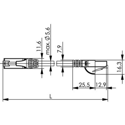 Dessin technique d'une fiche cylindrique avec indications dimensionnelles : longueur 25,5 mm, diamètre 5,6 mm, hauteur 16,3 mm.
