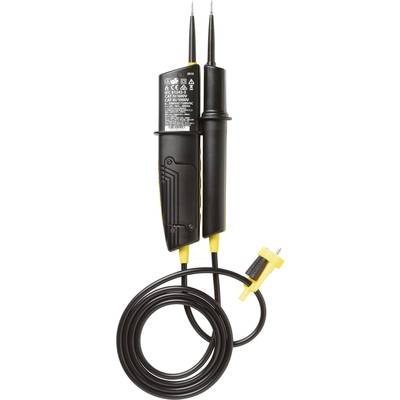 Testeur de tension au design jaune et noir, montrant des pointes de test et des câbles. Utilisé pour vérifier les tensions électriques.