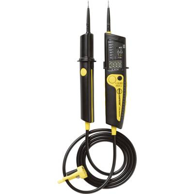 Testeur de tension noir et jaune avec affichage numérique et deux pointes de test, reliées par un câble, pour mesurer la tension électrique.