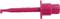 Un crochet de sonde de test rouge avec une poignée isolée et un embout en crochet, utilisé pour des connexions électriques sûres lors de mesures de test.
