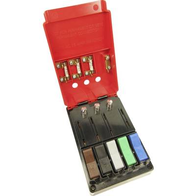 Boîte à fusibles rouge avec couvercle ouvert. Différents fusibles de couleurs et trois ampoules visibles indiquant les fusibles en place.