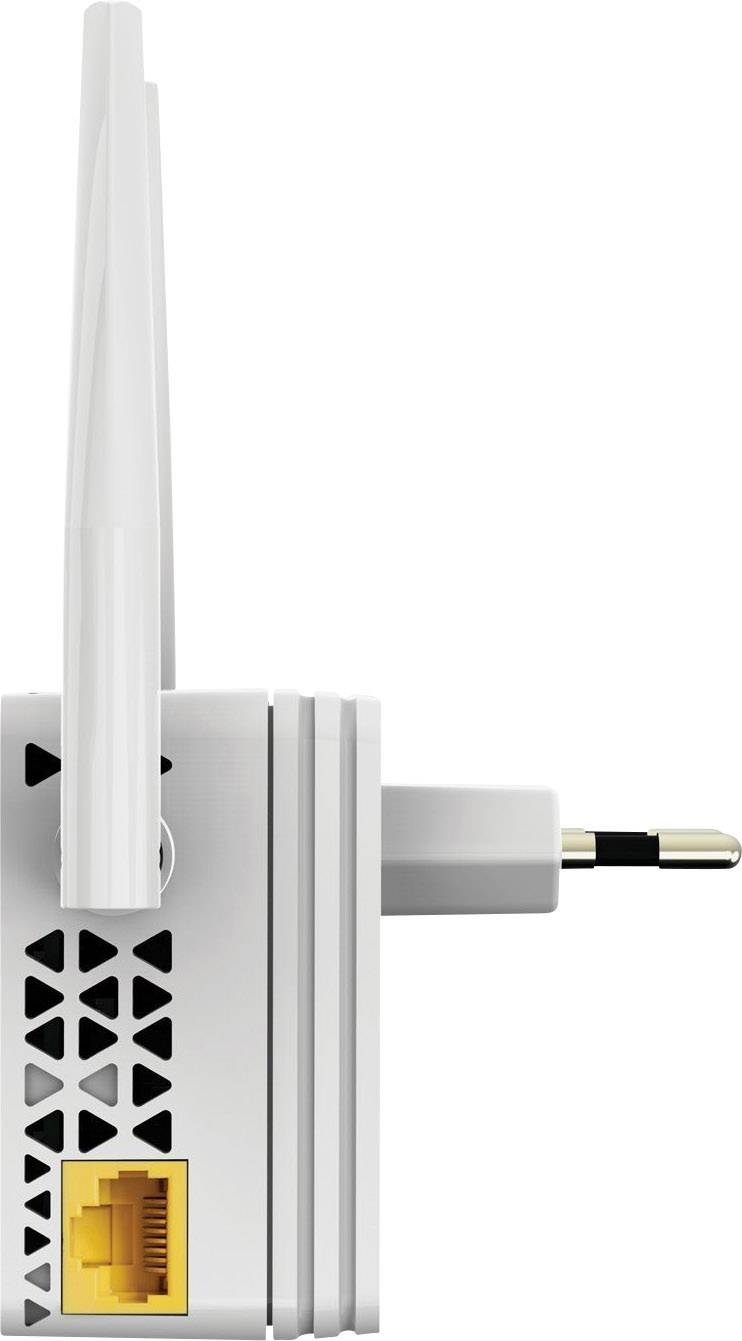 Vue latérale d'un répéteur Wi-Fi avec prise secteur et port Ethernet.