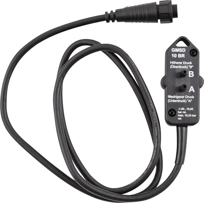 Un capteur de pression avec câble, étiqueté 'GMSD 10 BR', présente des connexions pour la surpression et la dépression. Pression maximale : 10,34 bar.