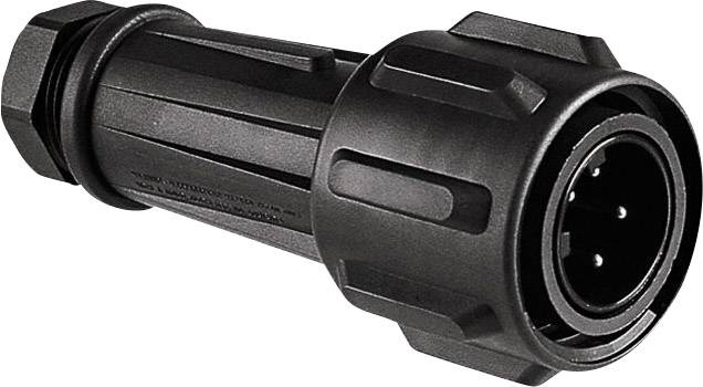 Adaptateur noir à broche avec boîtier rond et trois broches de connexion, adapté aux connexions électriques dans les applications techniques.
