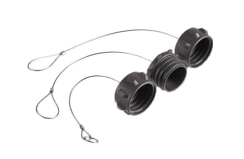 Trois capuchons en plastique noir avec des attaches en fil, disposés côte à côte. Ils montrent leurs ouvertures filetées.