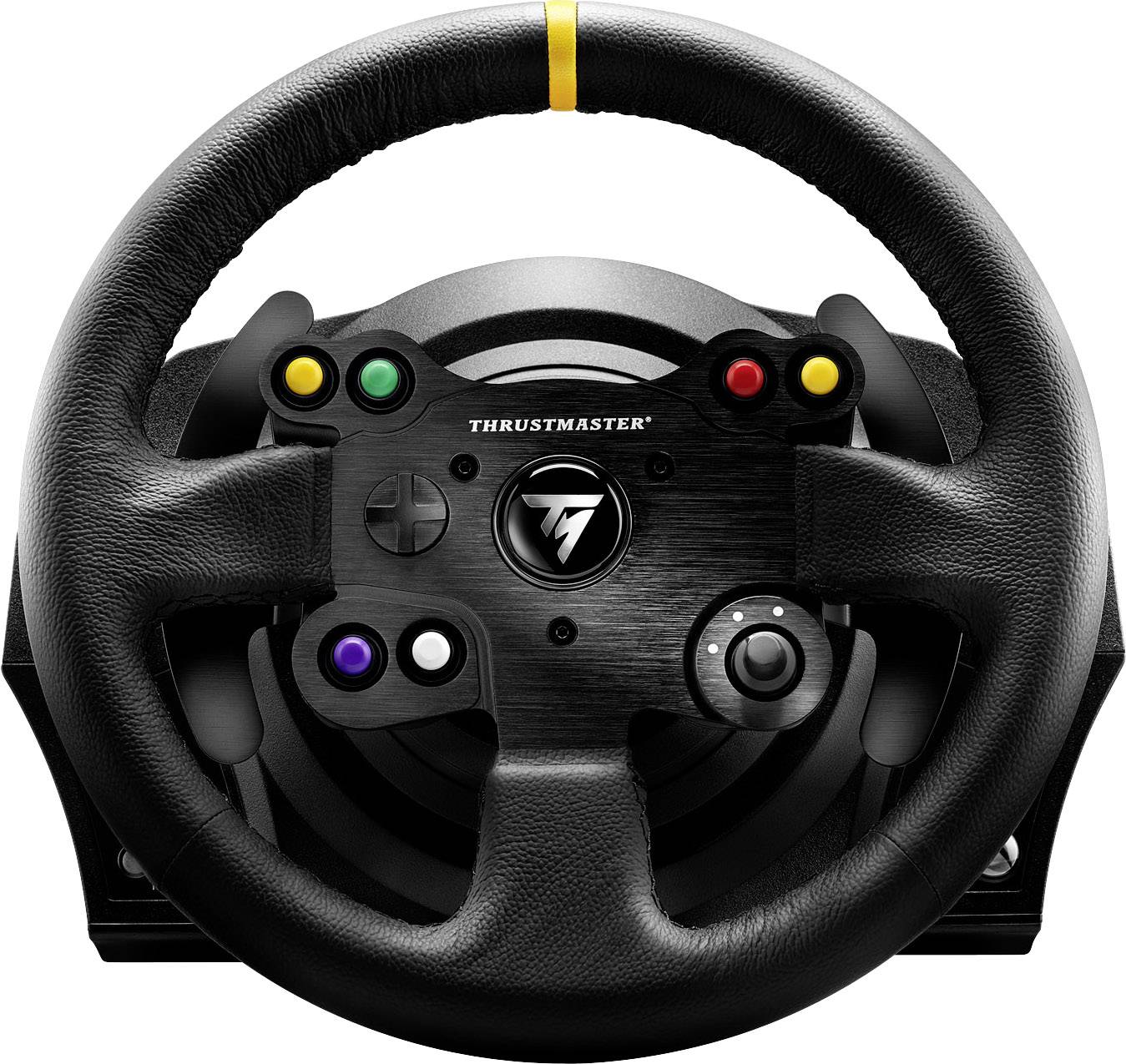 Un volant Thrustmaster noir avec une bande jaune sur le dessus et des boutons colorés, adapté aux simulations de course ou aux jeux vidéo.