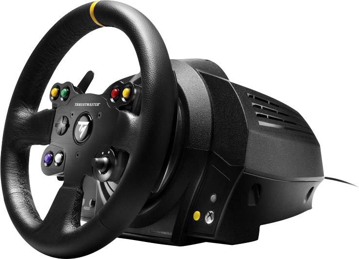 Volant de jeu noir avec touches de pédales et bande lumineuse rouge en haut. Adapté pour les jeux de simulation de course.