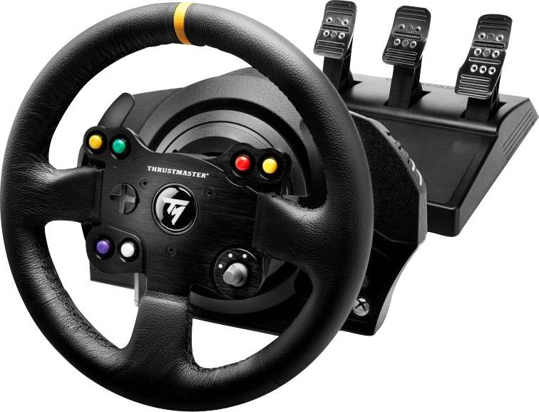 Volant et pédalier pour simulations de course, noir, avec plusieurs boutons.