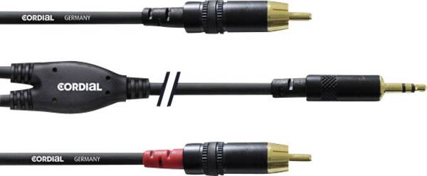 Câble adaptateur audio [1x Jack mâle 3.5 mm - 2x Cinch-RCA mâle] Cordial CFY6WCC noir 6.00 m