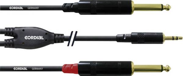 Câble adaptateur audio [1x Jack mâle 3.5 mm - 2x Jack mâle 6.35 mm] Cordial CFY0.9WPP noir 0.90 m
