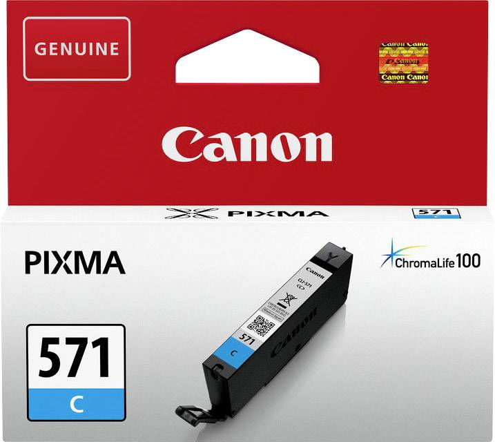 Cartouche d'encre Canon 571 C dans son emballage d'origine. Contient de l'encre pour imprimantes PIXMA, marquée en bleu. Sur le dessus : « Genuine », logo.