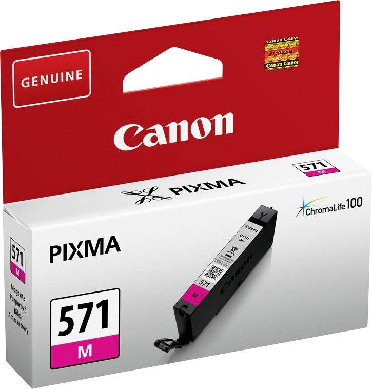 Cartouche d'encre Canon PIXMA 571 Magenta, emballage en rouge et blanc. Contient la technologie ChromaLife100, compatible avec les imprimantes Canon.