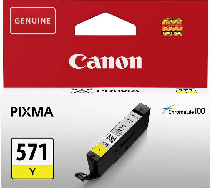 Cartouche d'encre Canon PIXMA 571 Y en Jaune, compatible avec le système ChromaLife100 de Canon, dans son emballage rouge d'origine.