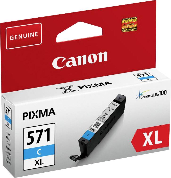 Cartouche d'encre Canon Pixma 571 XL, Cyan. L'emballage présente l'image du produit et le logo de la marque. Adaptée aux volumes d'impression élevés.