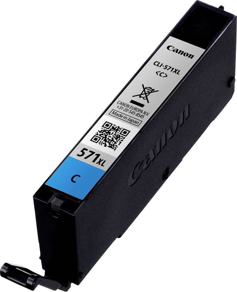 Une cartouche d'encre noire Canon pour modèle CLI-571XL avec étiquettes bleues et code QR.
