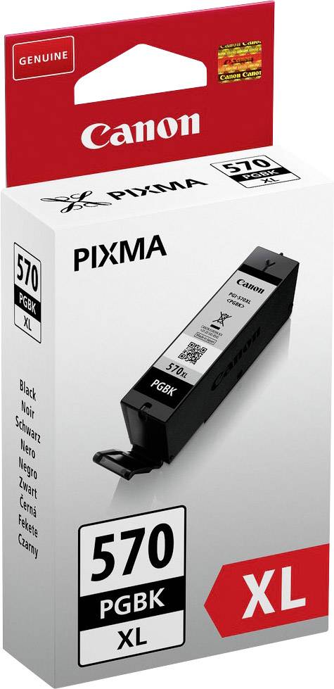 Cartouche d'encre Canon PIXMA 570 PGBK XL en noir pour imprimante. L'emballage présente une image de la cartouche et répertorie les modèles d'imprimantes compatibles.