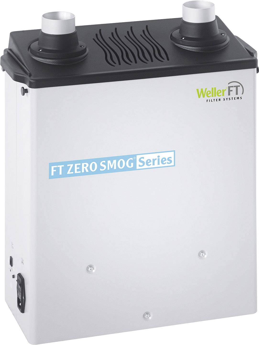 Système de filtration d'air avec deux raccords supérieurs, couvercle noir, et l'inscription 'FT ZERO SMOG Series' sur la face avant.