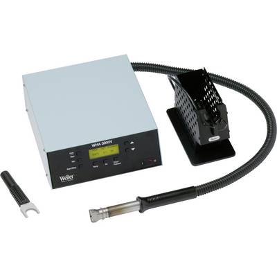 Station de soudage avec affichage numérique, tuyau et support. Marque : Weller WHA 3000V. Comprend des éléments de commande et un adaptateur d'outil.